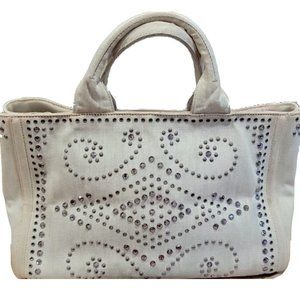 Auth PRADA Crystals Studded Canapa Handbag Carrier Shopper Bag Denim Jeans Jumbo